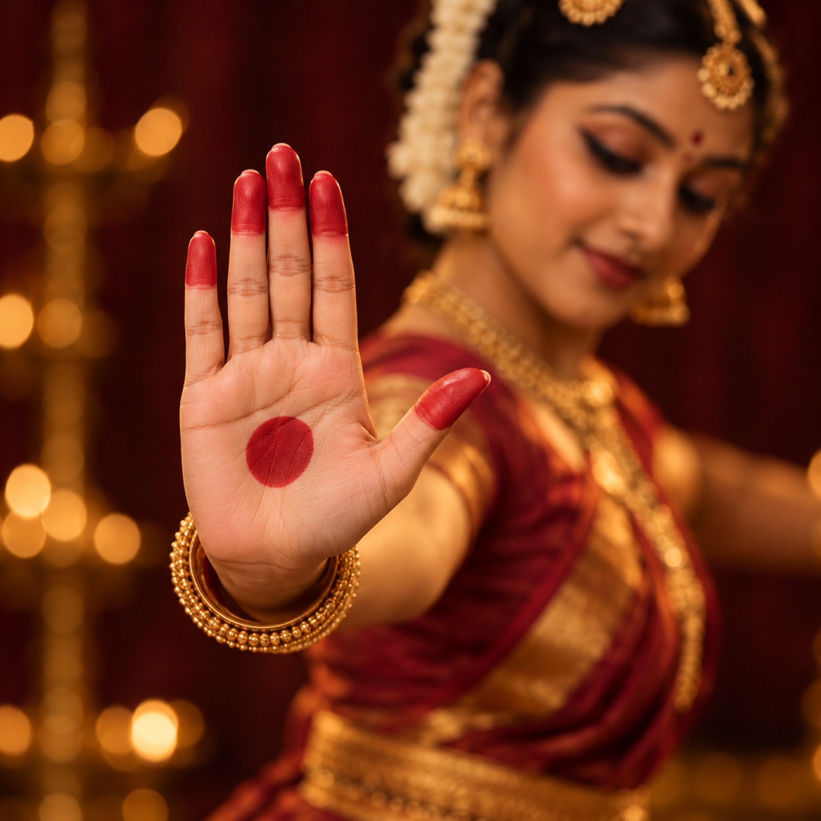 A dancer's open palm with a red alta circle and red fingertips