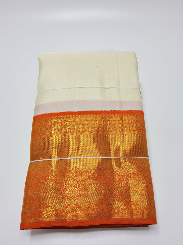 Off white with Orange Border | Kanchipuram Pure Silk Saree