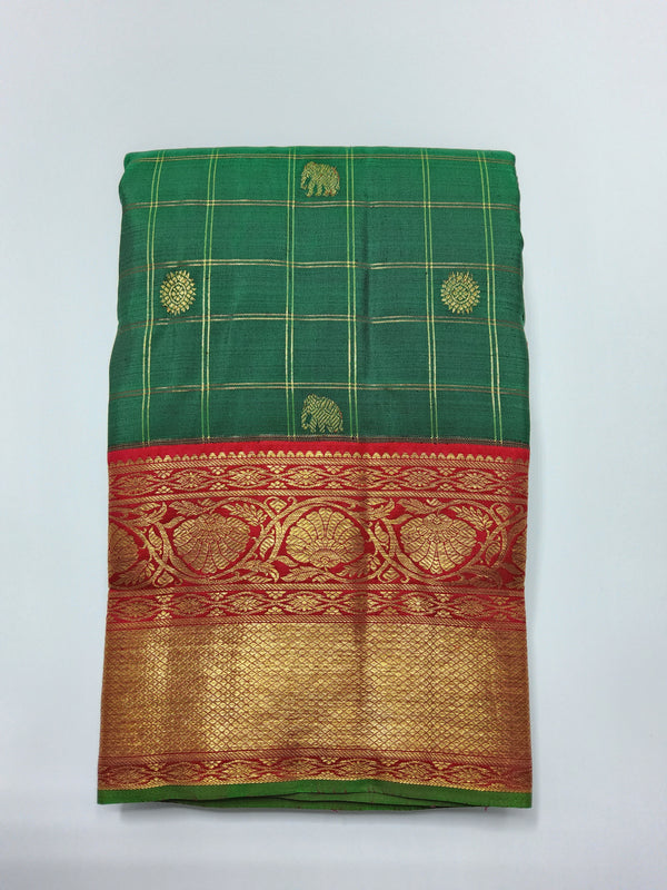 Green Checked with Red Border | Kanchipuram Pure Silk Saree