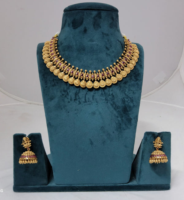 Lakshmi Mango Design and Pink Stone Necklace With Jummikki | Imitation Jewellery