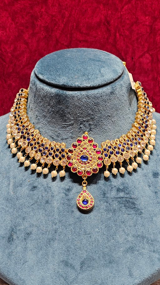 4 LINE DOT NECKLACE CENTER BLUE | ORIGINAL TEMPLE JEWELLERY