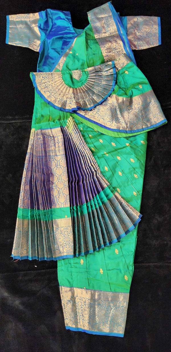 Bharatnatyam Dress | Green with Peacock Blue Border | Artificial Kanchipuram Silk Saree | Readymade Dance Costume