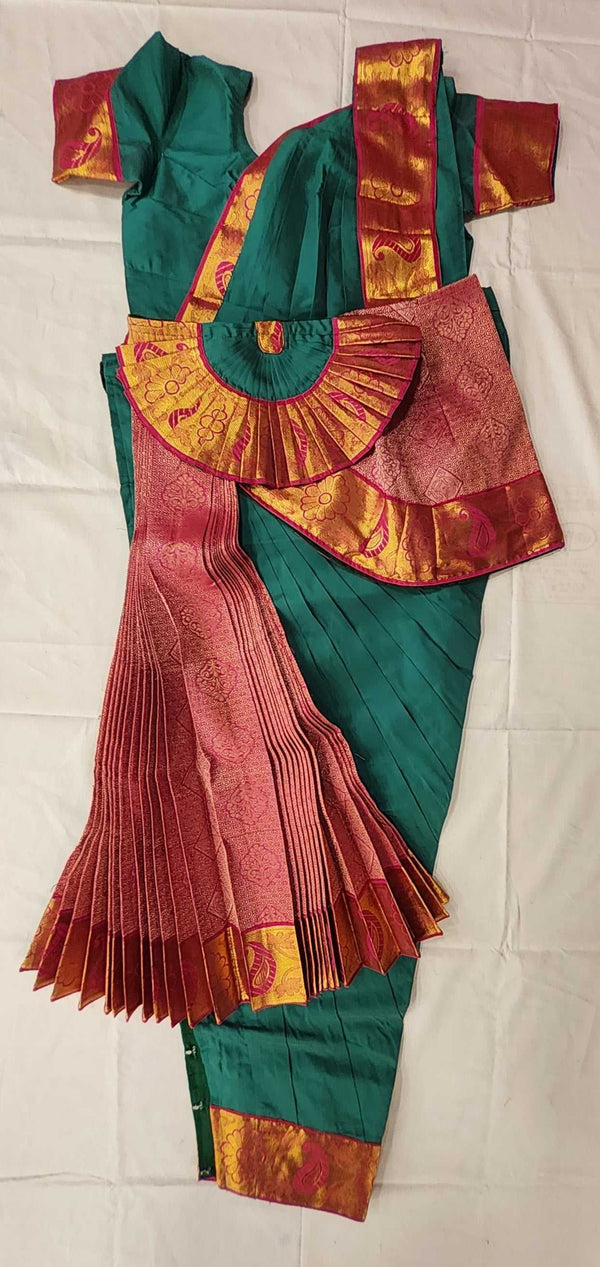 Bharatnatyam Dress | Green with Pink | Silk cotton with contrast Border | Readymade Dance Costume