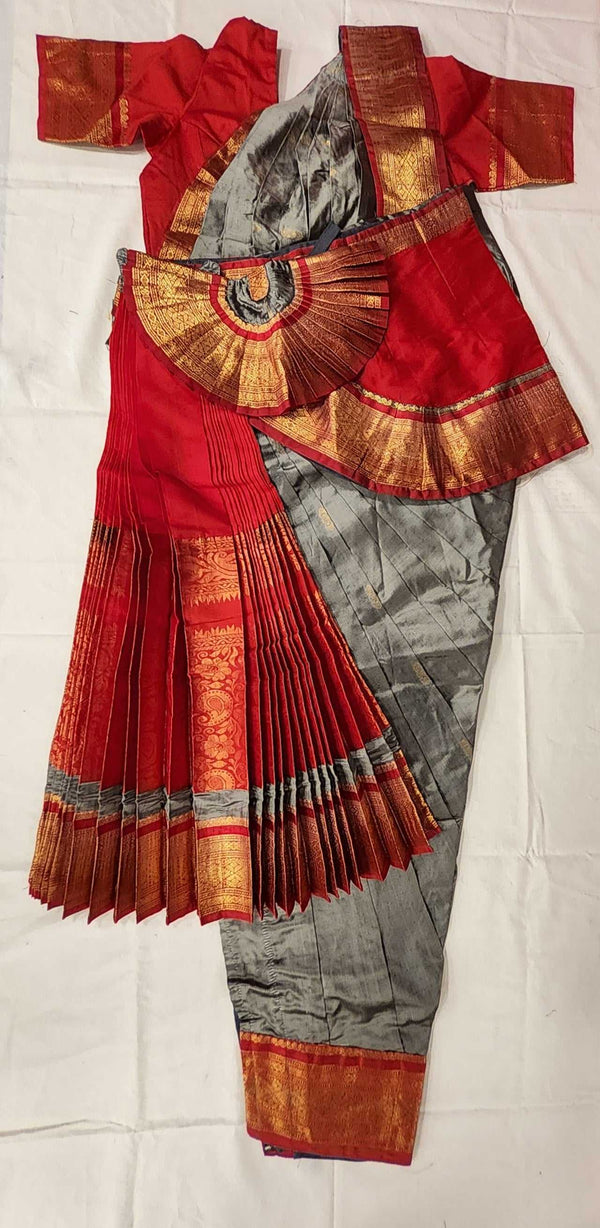 Bharatnatyam Dress | Grey with Red | Dharmavaram Silk | Readymade Dance Costume