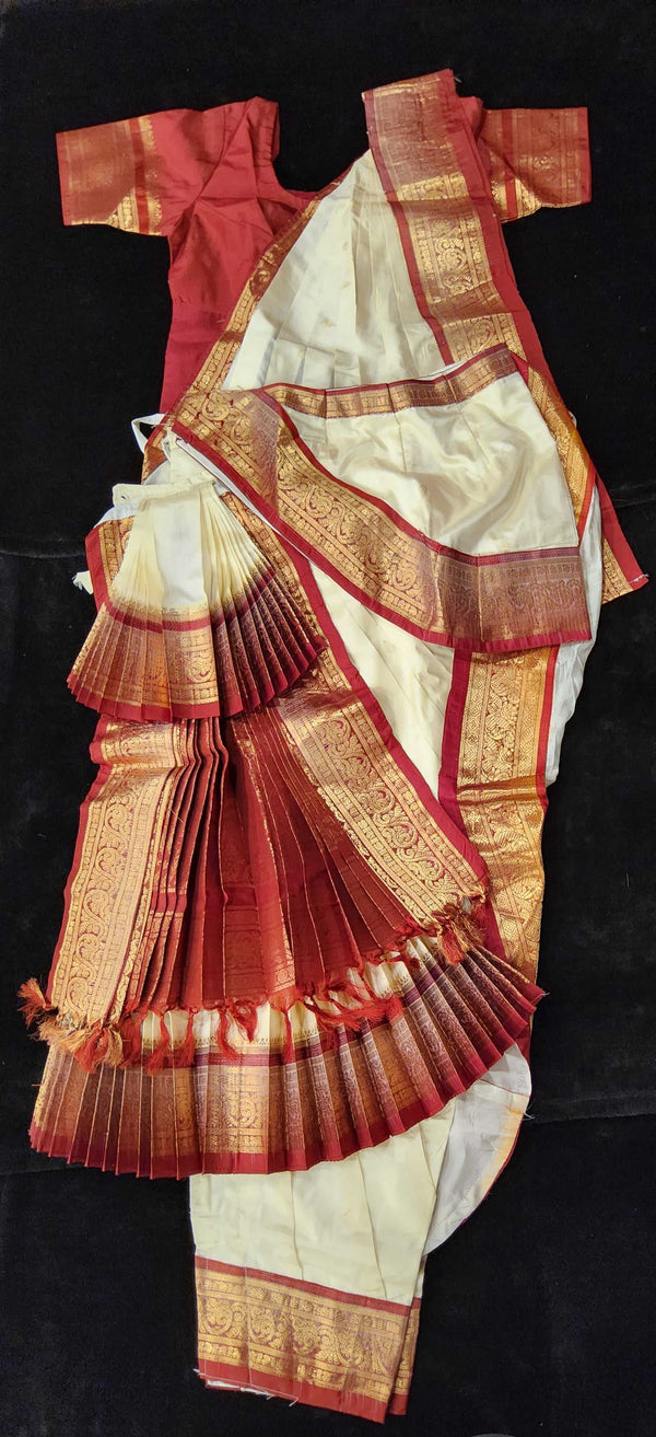 Bharatnatyam Dress | Half white with Maroon | Dharmavaram Silk Saree | Readymade Dance Costume