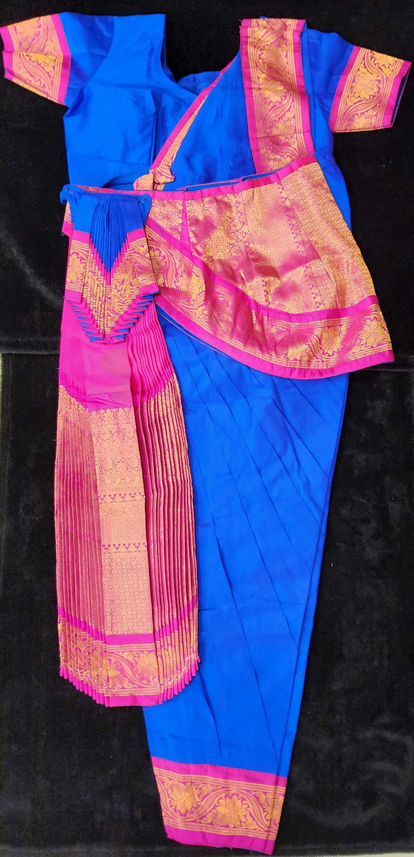 Bharatnatyam Dress | Ink Blue with Pink | Silk cotton with Kanchipuram Border | Readymade Dance Costume