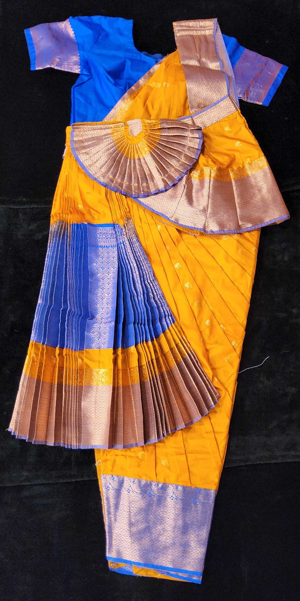 Bharatnatyam Dress | Mustard with Blue | Artificial Saree | Readymade Dance Costume