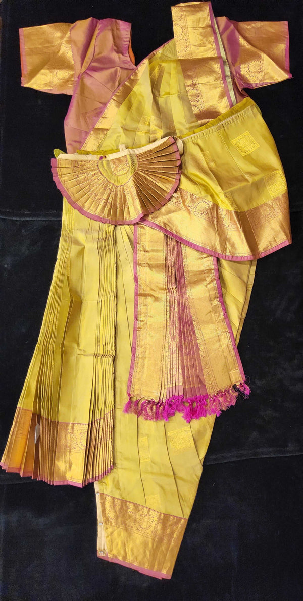 Bharatnatyam Dress | Olive Green with Pink Border | Artificial Kanchipuram Silk Saree | Readymade Dance Costume