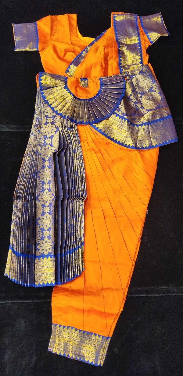 Bharatnatyam Dress | Orange with Blue | Silk cotton with contrast Border | Readymade Dance Costume