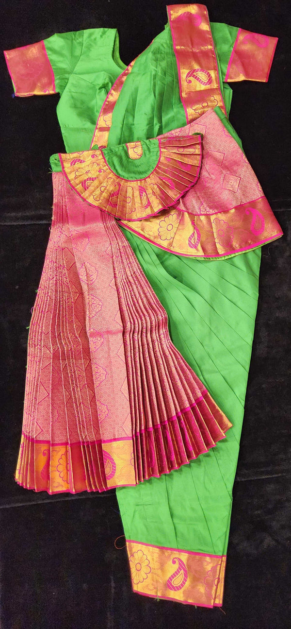 Adule Bharatnatyam Dress | Parrot Green with Pink | Silk cotton with contrast Border | Readymade Dance Costume