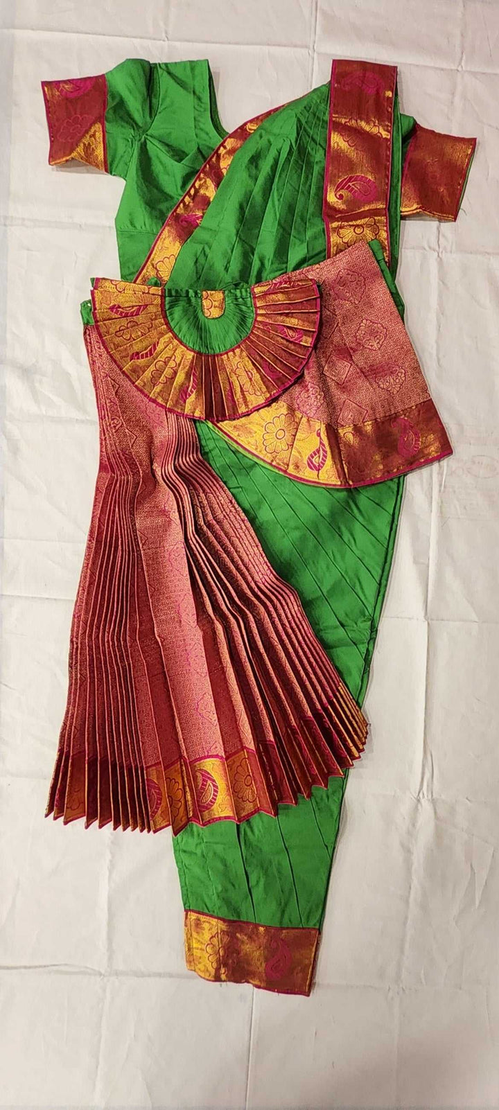Bharatnatyam Dress | Parrot Green with Pink | Silk cotton with contrast Border | Readymade Dance Costume