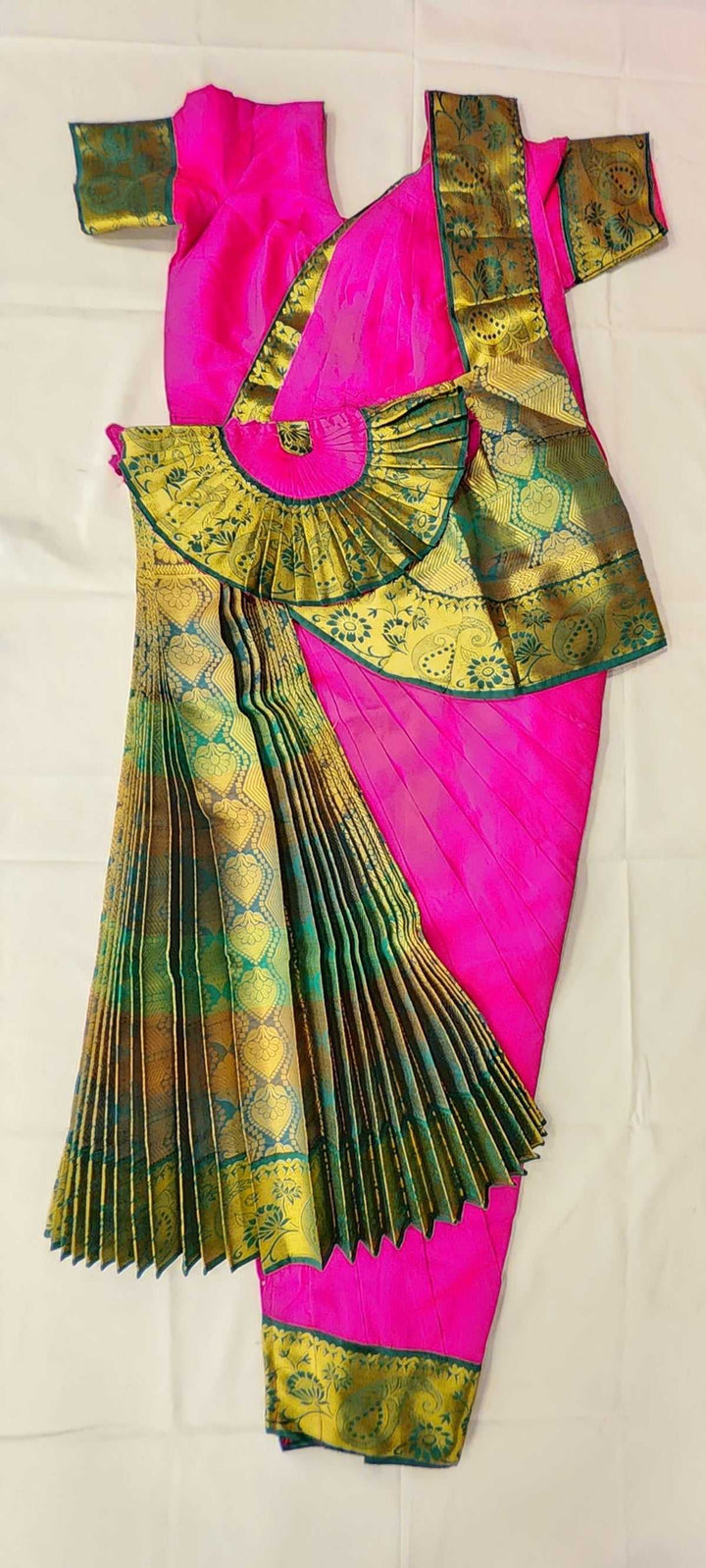 Bharatnatyam Dress | Pink with Green | Silk cotton with contrast Border | Readymade Dance Costume