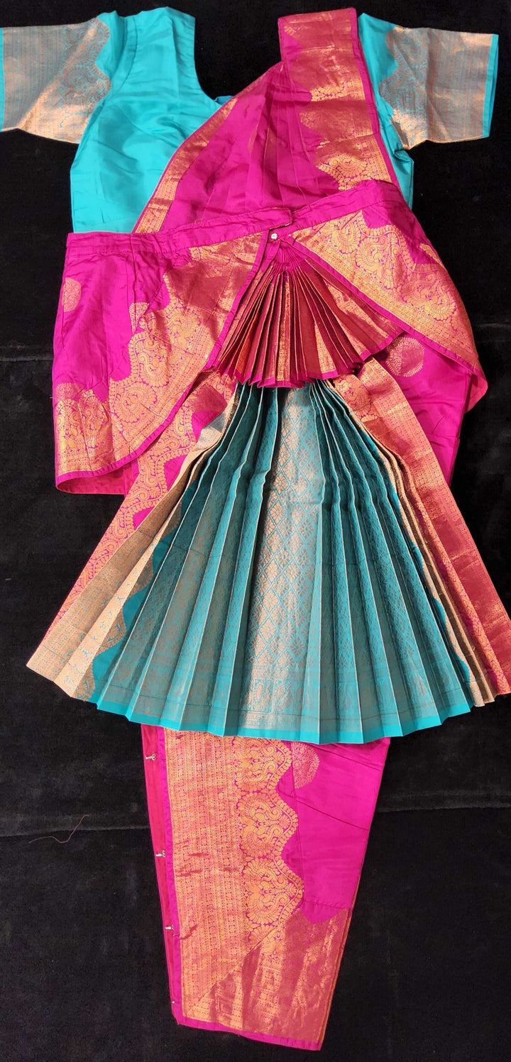 Bharatnatyam Dress | Pink with Sea Green Border | Artificial Kanchipuram Silk Saree | Readymade Dance Costume
