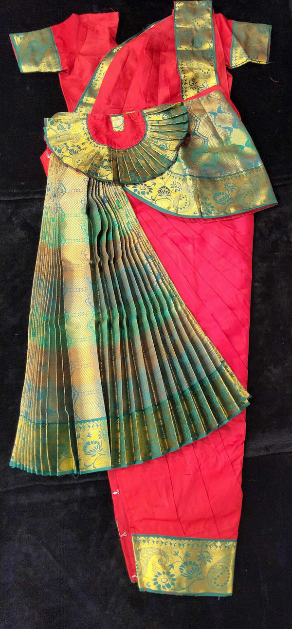 Bharatnatyam Dress | Red with Green | Silk cotton with contrast Border | Readymade Dance Costume