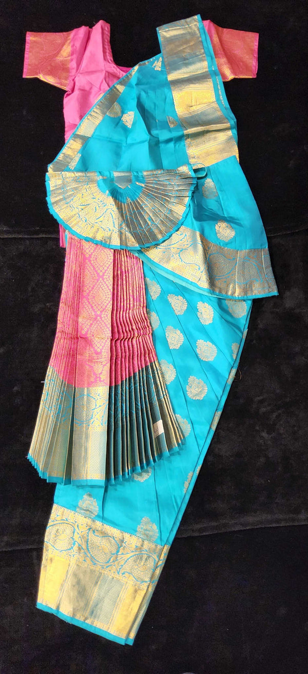 Bharatnatyam Dress | Sea Blue with Pink Border | Artificial Kanchipuram Silk Saree | Readymade Dance Costume