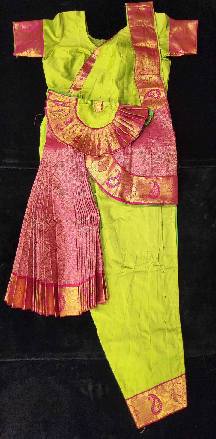 Bharatnatyam Dress | Sneha Green with Pink | Silk cotton with contrast Border | Readymade Dance Costume