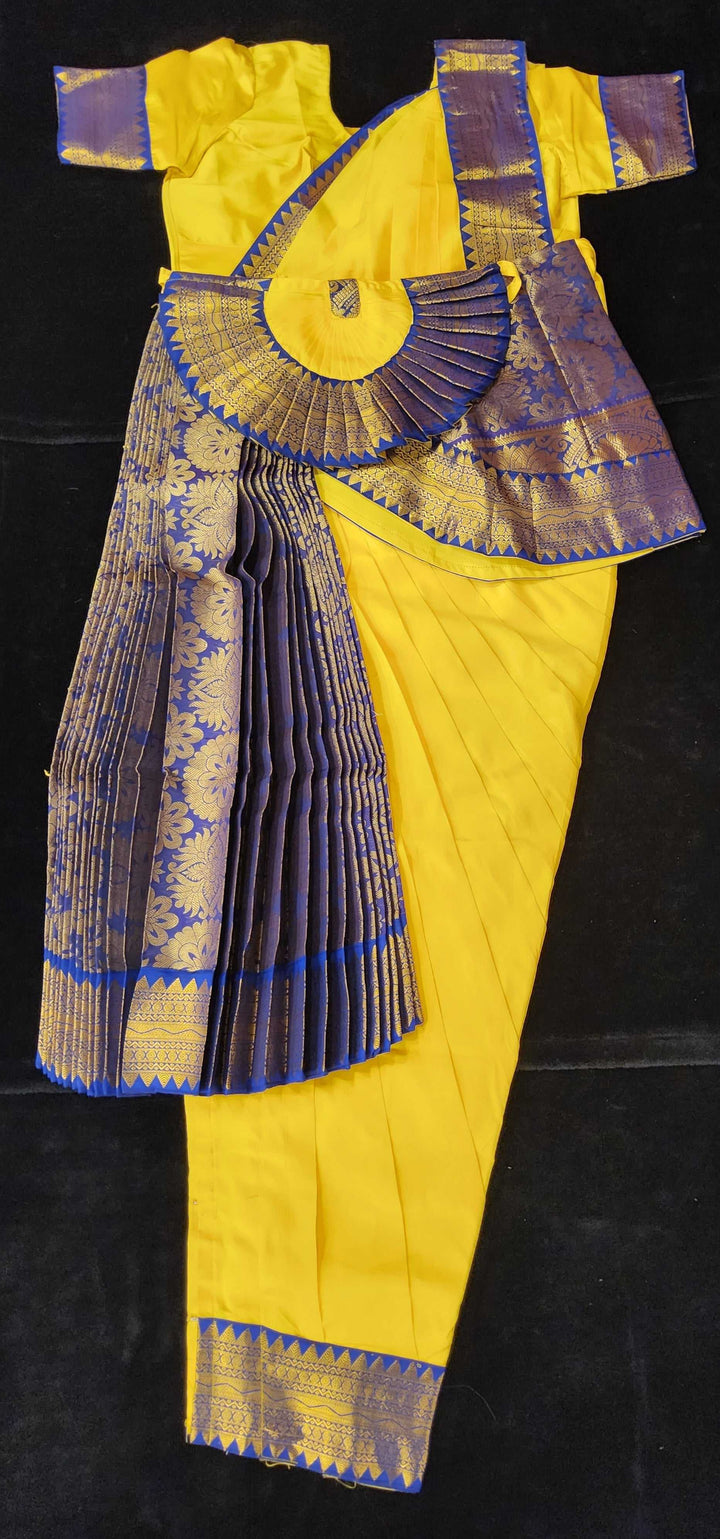Bharatnatyam Dress | Yellow with Blue | Silk cotton with contrast Border | Readymade Dance Costume