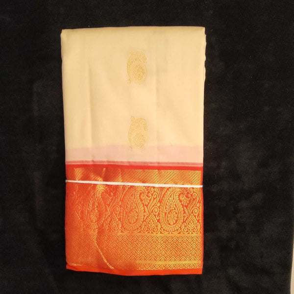 Half white With Orange Border | Artificial Kanchipuram Silk Saree No 165
