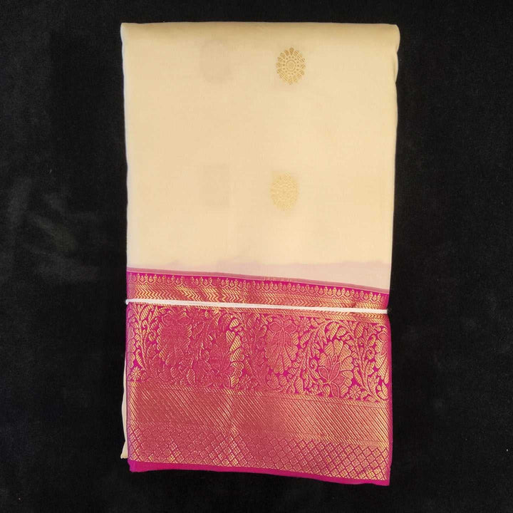 Half white With Pink Border | Artificial Kanchipuram Silk Saree No 146