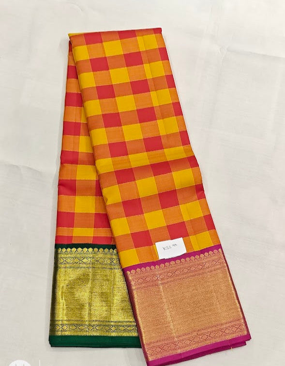 Pure Kanchipuram Silk | Yellow Checked with Pink and Green | Handloom