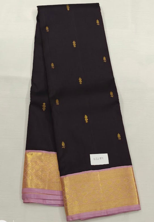 Pure Kanchipuram Silk Saree | BLACK WITH LAVENDER | Handloom