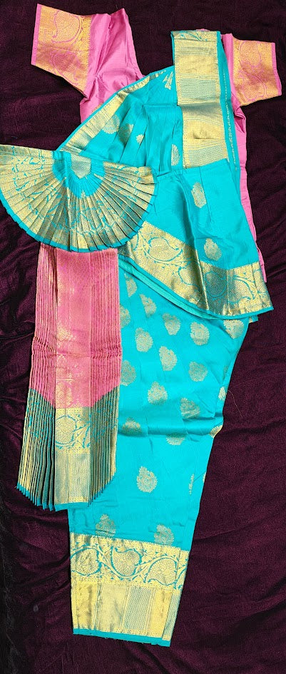 Sea Blue with Pink | Bharatnatyam Pant Costume | Pure Silk | Size 34