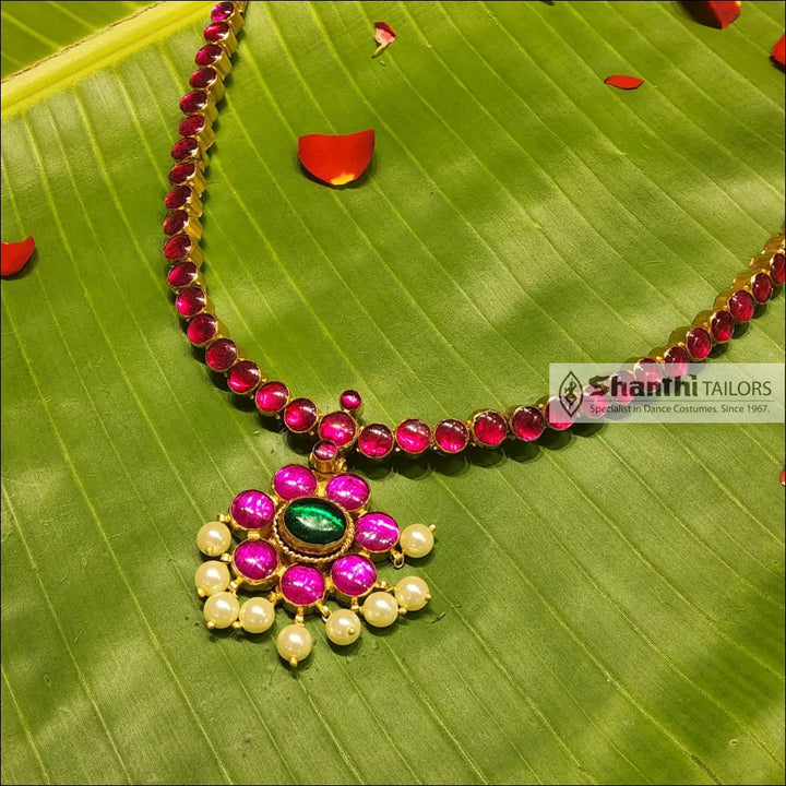 Attiyal| Single stone | Temple Jewellery Full pink with Center Green Necklace