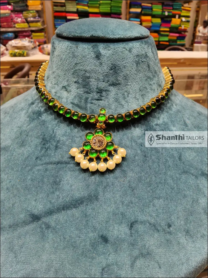 Attiyal| Single stone | Temple Jewellery Green with Centre White Necklace