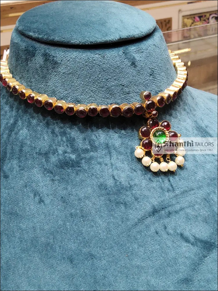 Attiyal| Single stone | Temple Jewellery Maroon with centre Green Necklace