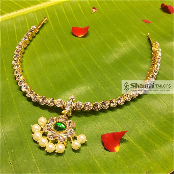 Attiyal| Single stone | Temple Jewellery White with centre Green Necklace