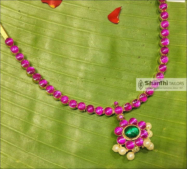 Double Side Attiyal | Originial Temple Jewellery Pink center Green with Green center Pink Necklace