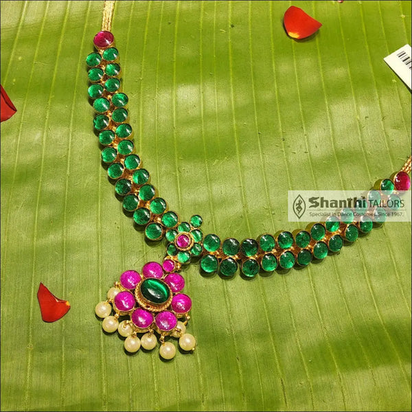 Double Stone Attiyal | Original Temple Jewellery Green with Pink Necklace