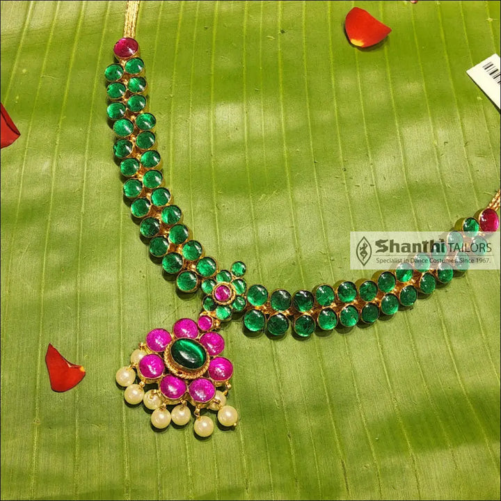 Double Stone Attiyal | Original Temple Jewellery Green with Pink Necklace