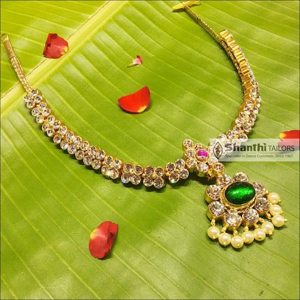 Double Stone Attiyal | Original Temple Jewellery White with Center Green Necklace