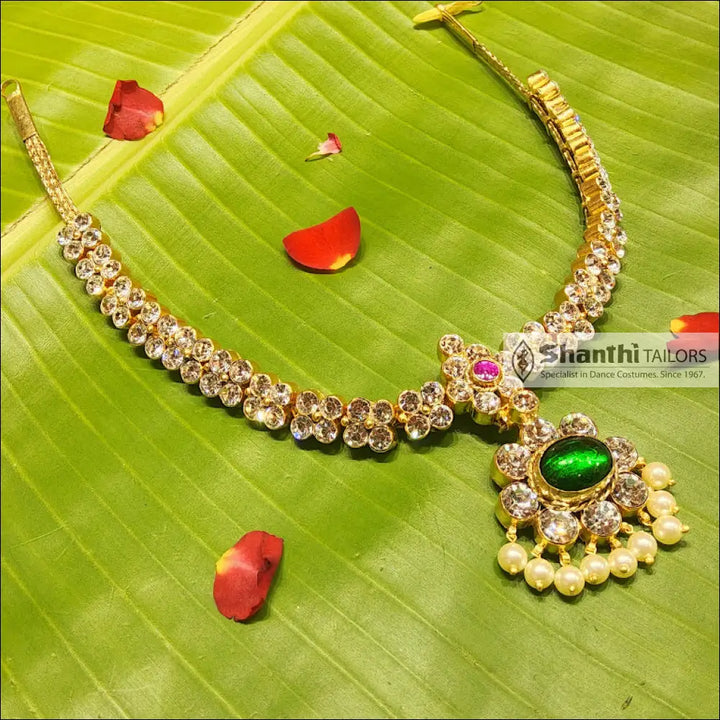 Double Stone Attiyal | Original Temple Jewellery White with Center Green Necklace