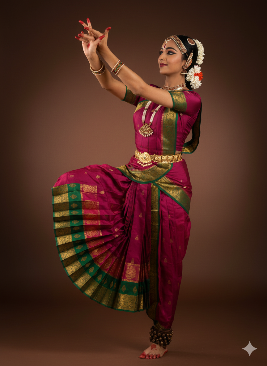 Beautiful Bharatanatyam dancer in traditional costume performing classical dance